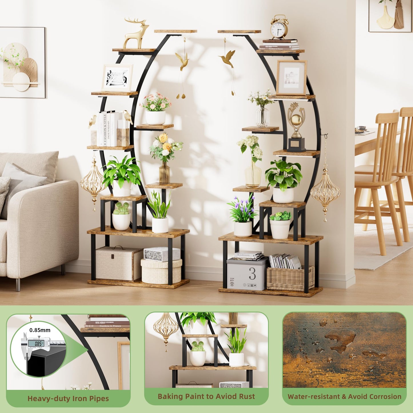 BACEKOLL Plant Stand Indoor with Grow Lights, 9 Tiered Metal Plant Shelf, 64" Tall Plant Stand for Indoor Plants Multiple, Large Plant Rack Display Shelf, Curved Plant Holder for Living Room, Patio