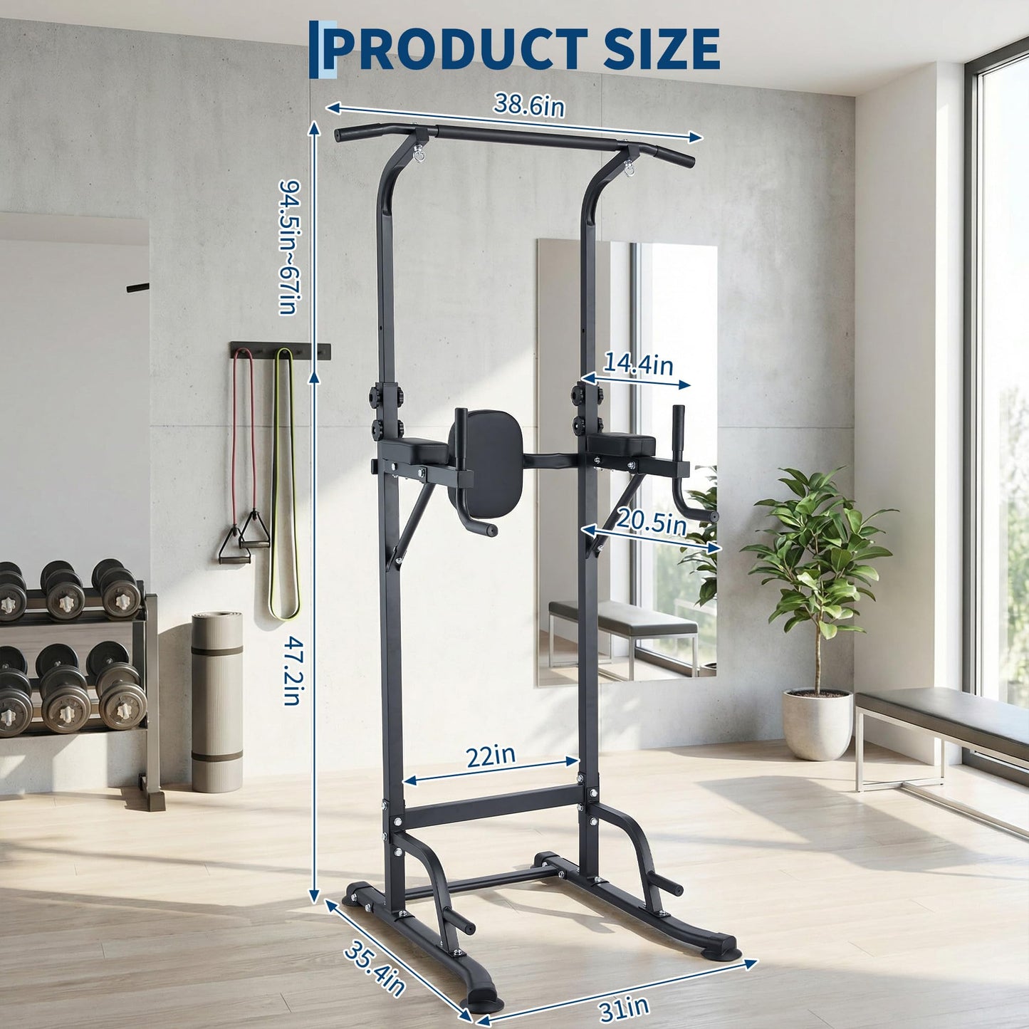 COZONY Adjustable Power Tower Pull Up & Dip Station – Multifunction Strength Training Equipment – 880LBS Capacity – Space-Saving Standalone Chin Up Bar – Black Color