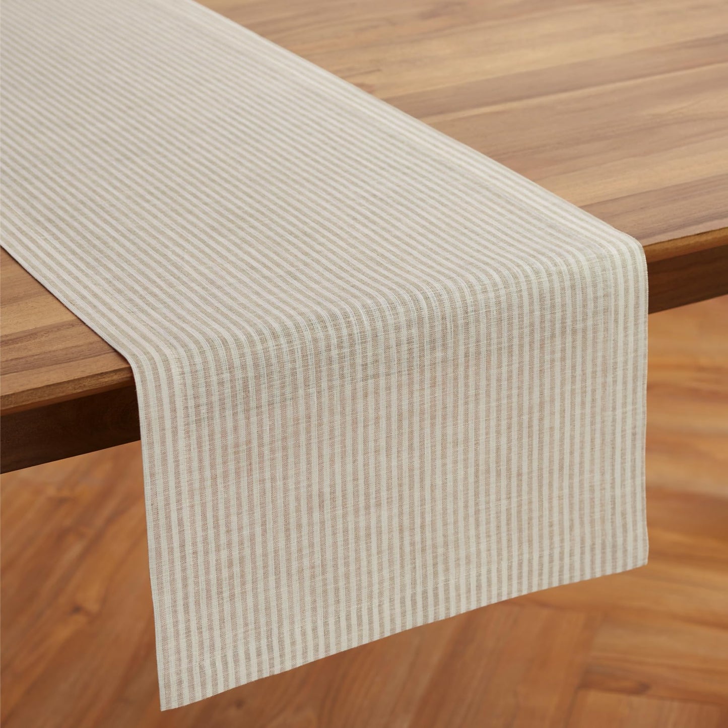 Solino Home Linen Table Runner 108 Inches Long - Narrow Stripe, 100% Pure Linen Natural and White Table Runner 14 x 108 Inch for Dining, Spring, Summer, Mothers Day