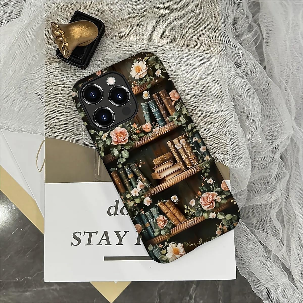 Akinmi 16 16 Case for iPhone Pro,Vintage Flowers Entwined Bookshelf Exquisitely Pattern Double Protective Phone Cover