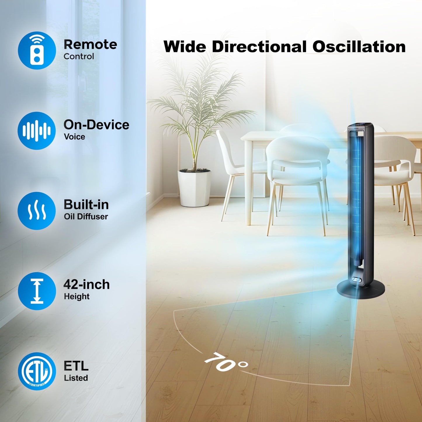 Emerson SmartVoice 42” Tower Fan, Wi-Fi-free Voice Control, No APP, No WIFI, No Setup, 70° Oscillating, 3 Wind Speeds, 15-Hr Timer, Oil Diffuser, Built-in Lighting, Remote Control