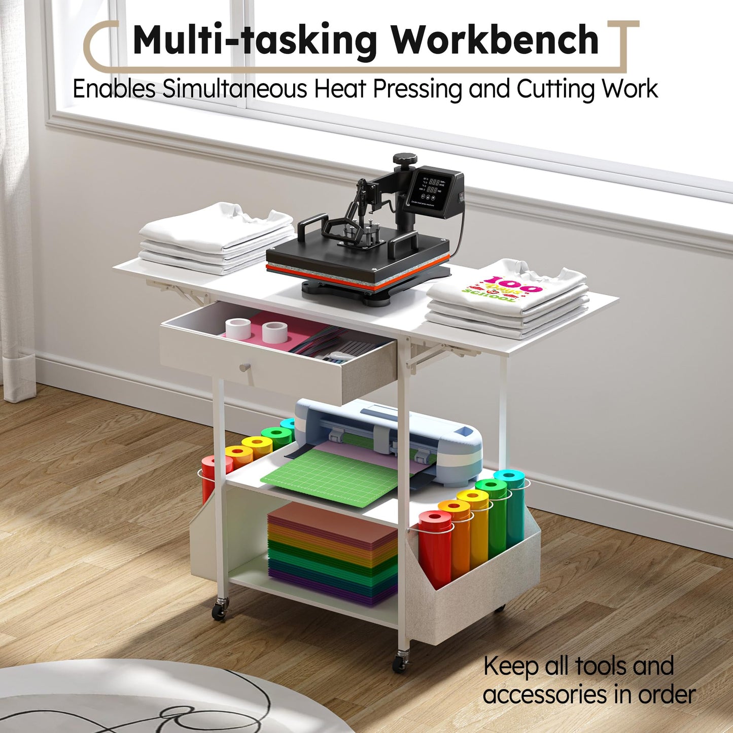 Crafit Extra Large Heat Press Table 2 Pack, Heat Press Stand Desk Cart with Vinyl Storage, Heavy Duty Metal Workbench for DIY Sublimation, T-Shirts Caps Mug & Tumbler Heat Transfer Projects