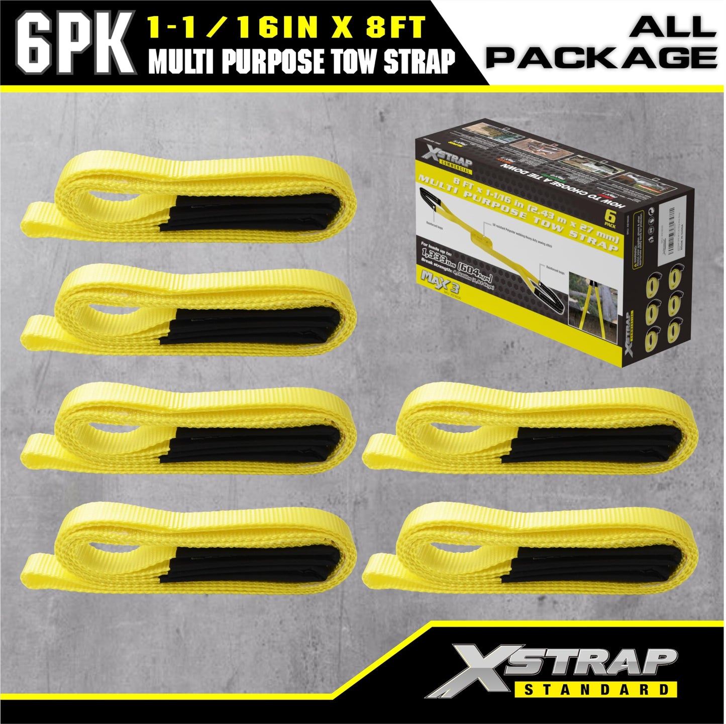 XSTRAP STANDARD 6PK 1" x8' Lift Sling Web Strap/Wear Guard End, 4,000 lbs Break Strength Lifting Straps with 2 Reinforced Loops for Tree Saver Lifting Furniture Appliances Machine