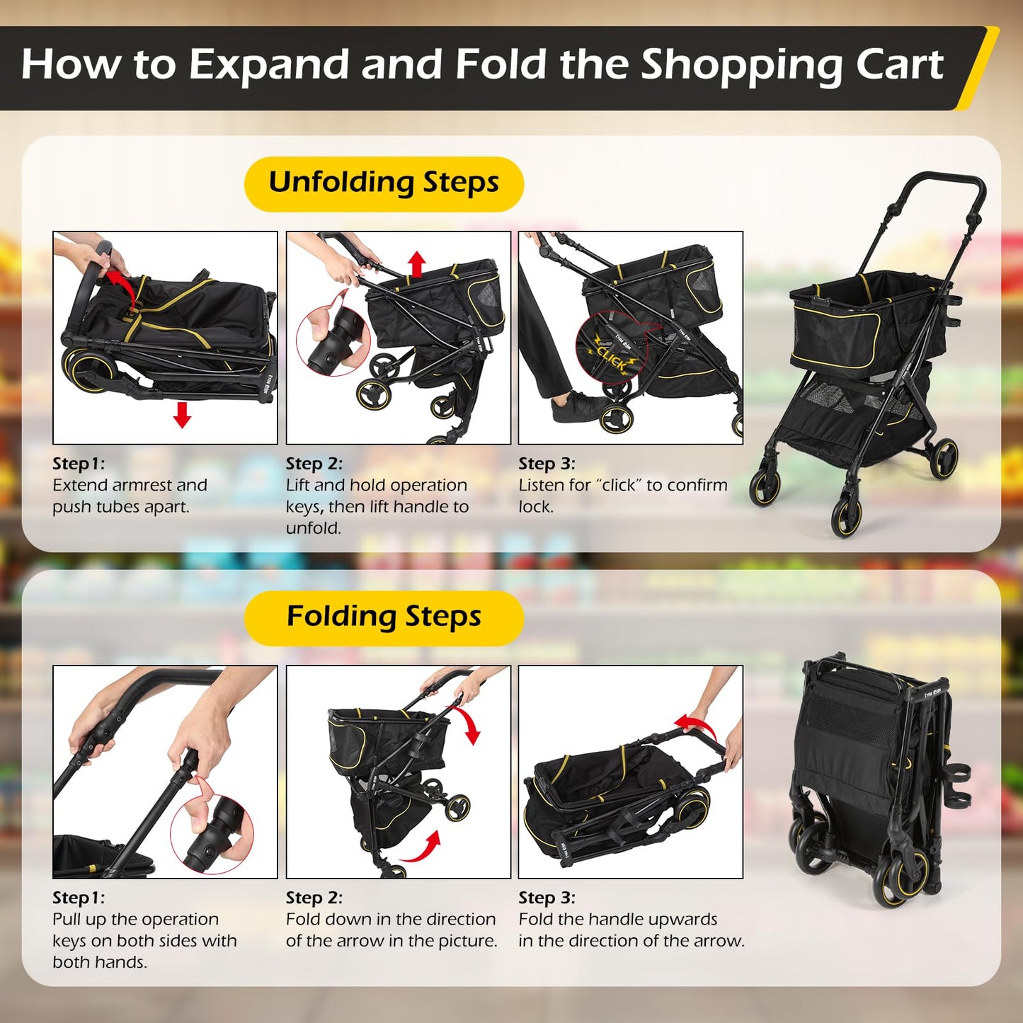Dyna-Living Shopping Cart for Groceries Adjustable Handle Folding Shopping Carts on Wheels, 70 LBS Grocery Cart Personal Shopping Cart Foldable, Lightweight Aluminum Frame & 600D Oxford Fabric