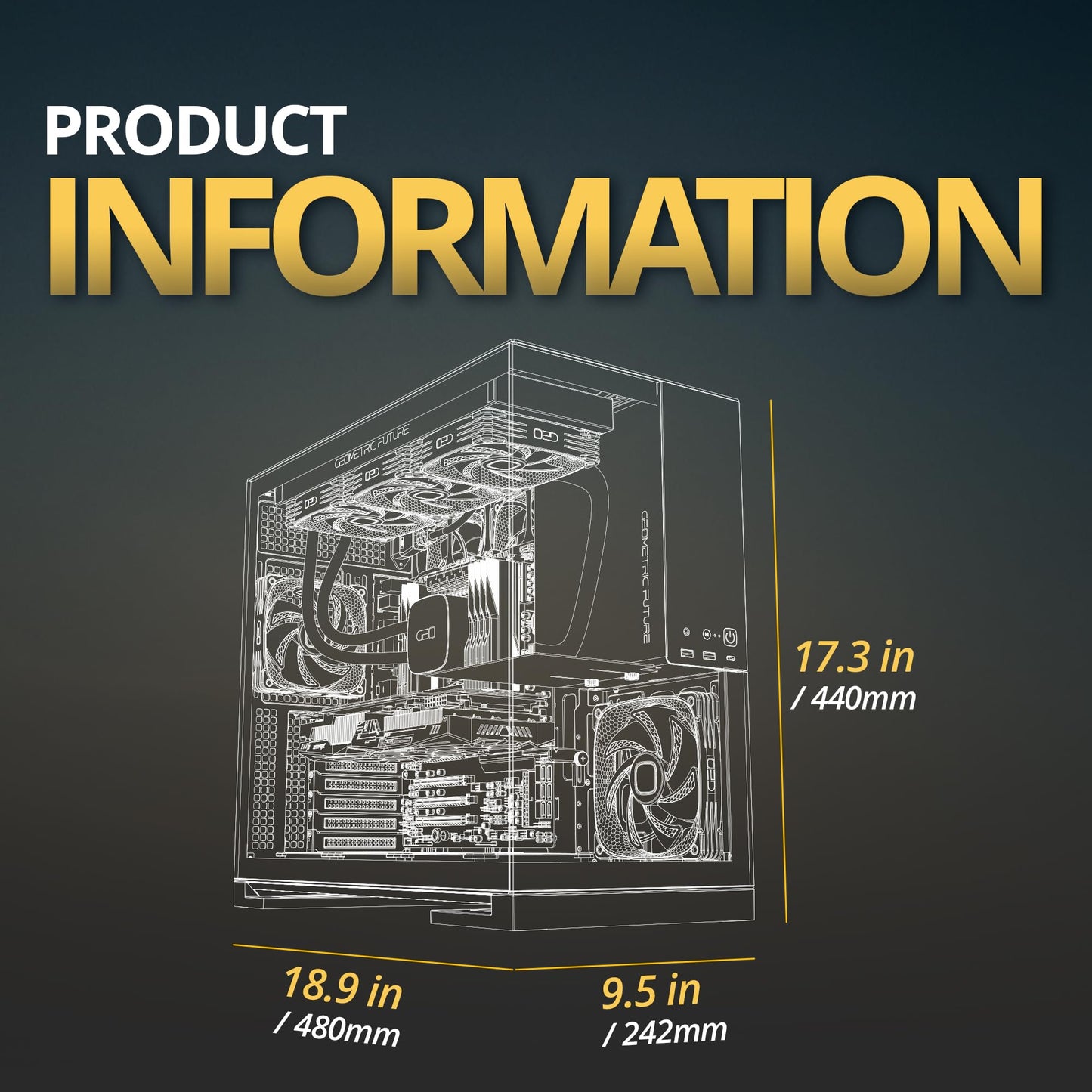 Geometric Future M5 Tempered Glass Mid Tower, E-ATX/ATX Gaming Case, 1.2mm Steel, Type C, Toolless Panels, Support 420/360 Radiator, ARGB PWM 140m Fan x 5 Pre-Installed, Black/Grey, GEO-M5F-BG