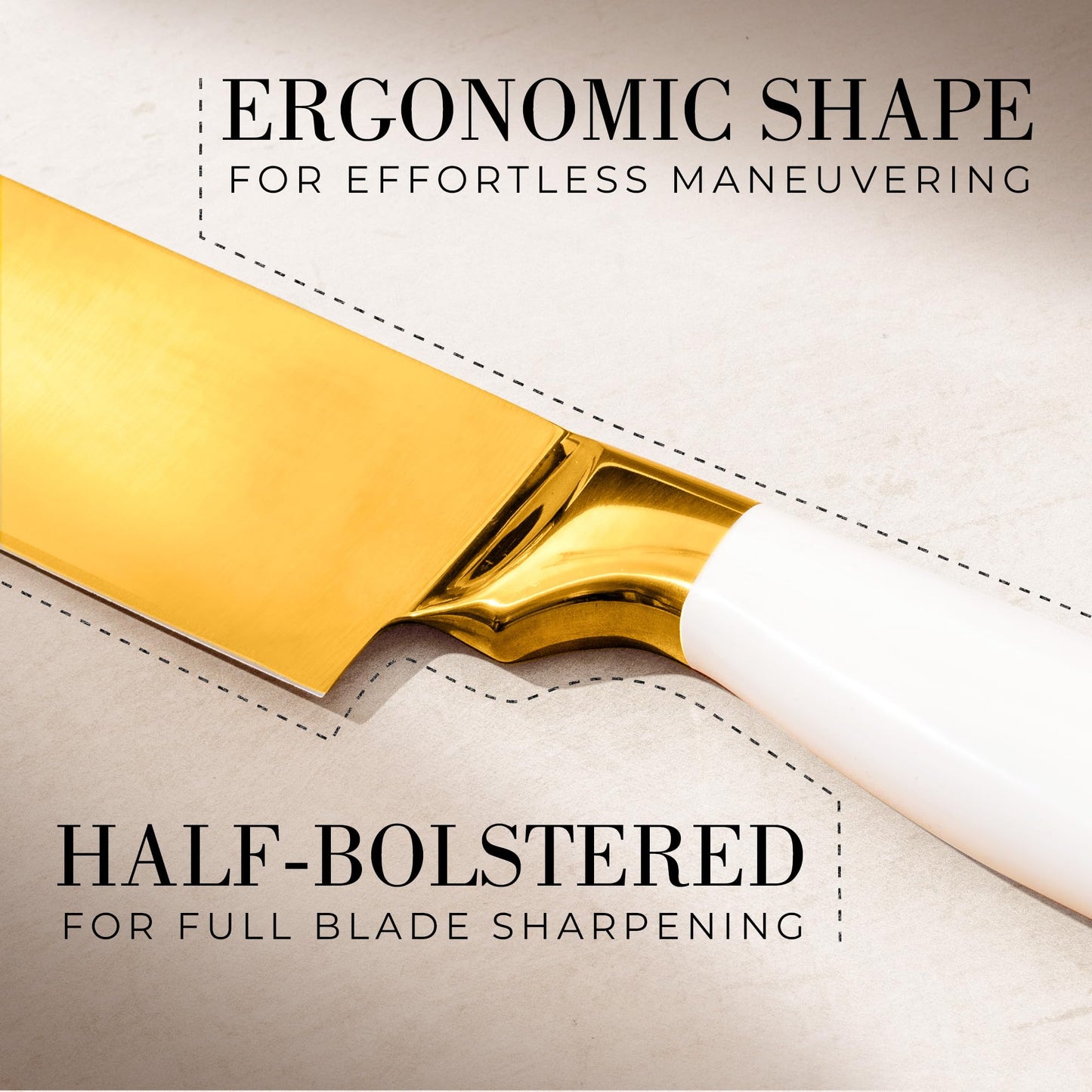 STYLED SETTINGS White and Gold Knife – Stainless Steel Chef Knife with Gold Titanium Coating, Precision German Stainless Steel Blade – Luxury Kitchen Accessories - Ideal Cooking Gift