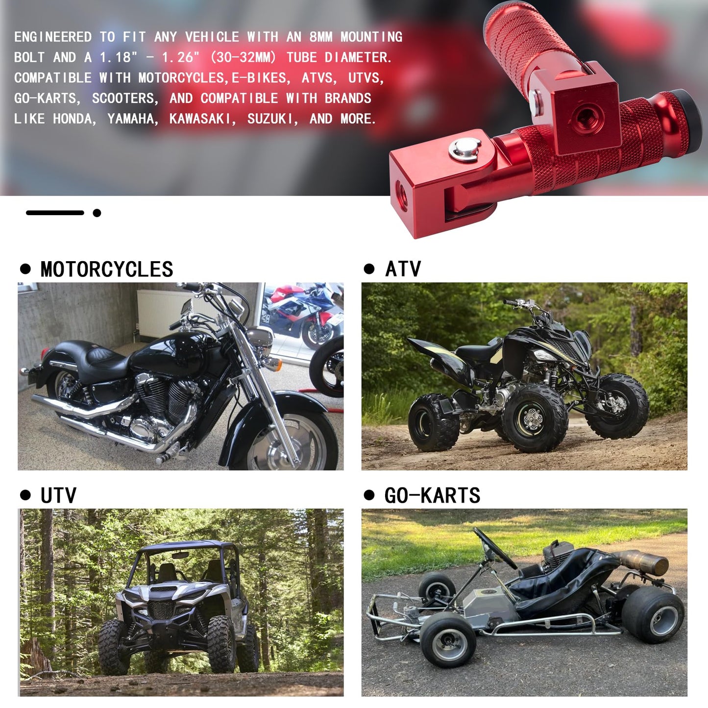 Universal 8mm Foot Pegs 90 Degree Foldable Motorcycle Footpegs CNC Anti-Skid Footrest compatible with Honda Yamaha Aprilia Suzuki Electric Car Motorbike Mini Bike Dirt Pit Bike Passenger Pedal (RED)