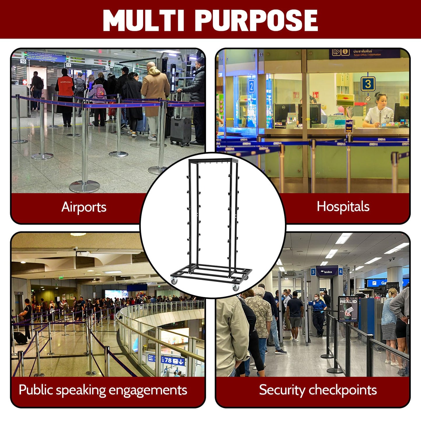 12 Poles Stanchion Cart Crowd Control Stanchion Cart Easy to Assemble Rope Storage, Locking Wheels for Safety