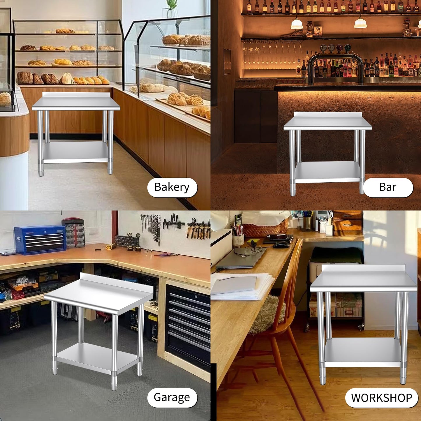 Mioleu Stainless Steel Table, 30 x 24 Inches Commercial Metal Prep & Work Table with Backsplash and Adjustable Undershelf for Kitchen Restaurant Home Garage Warehouse