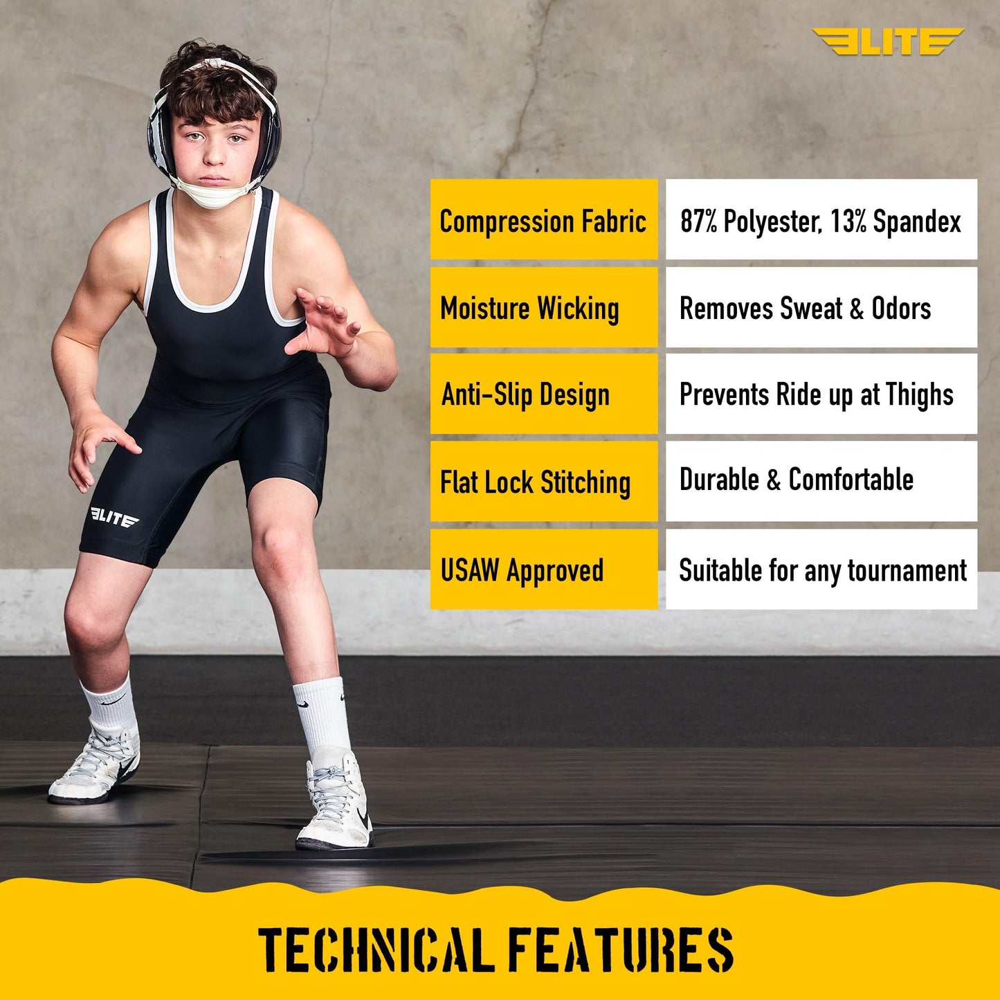 Elite Sports Kids Wrestling Youth Singlet, Standard Boys Wrestling Singlets (Black, Large)