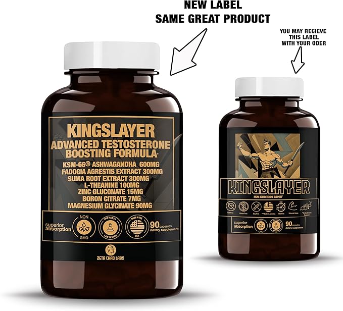 Kingslayer: 7-in-1 Testosterone Booster for Men w/KSM-66, Fadogia, Suma Root, L-Theanine, Zinc, Boron, Magnesium ??Muscle, Energy, Libido & Focus