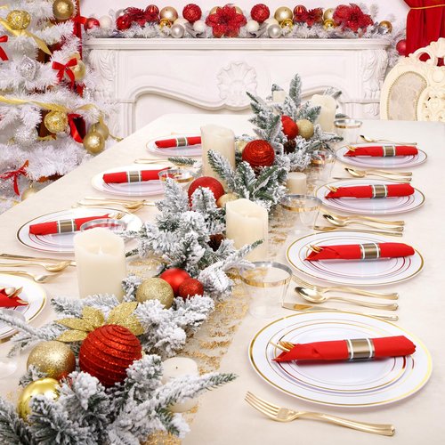 Nervure 400PCS Pre Rolled Gold Plastic Silverware Sets - Heavy Duty Gold Cutlery - Include 100 Pack Wrapped Disposable Utensils with Red Napkins for Christmas & Party & Wedding