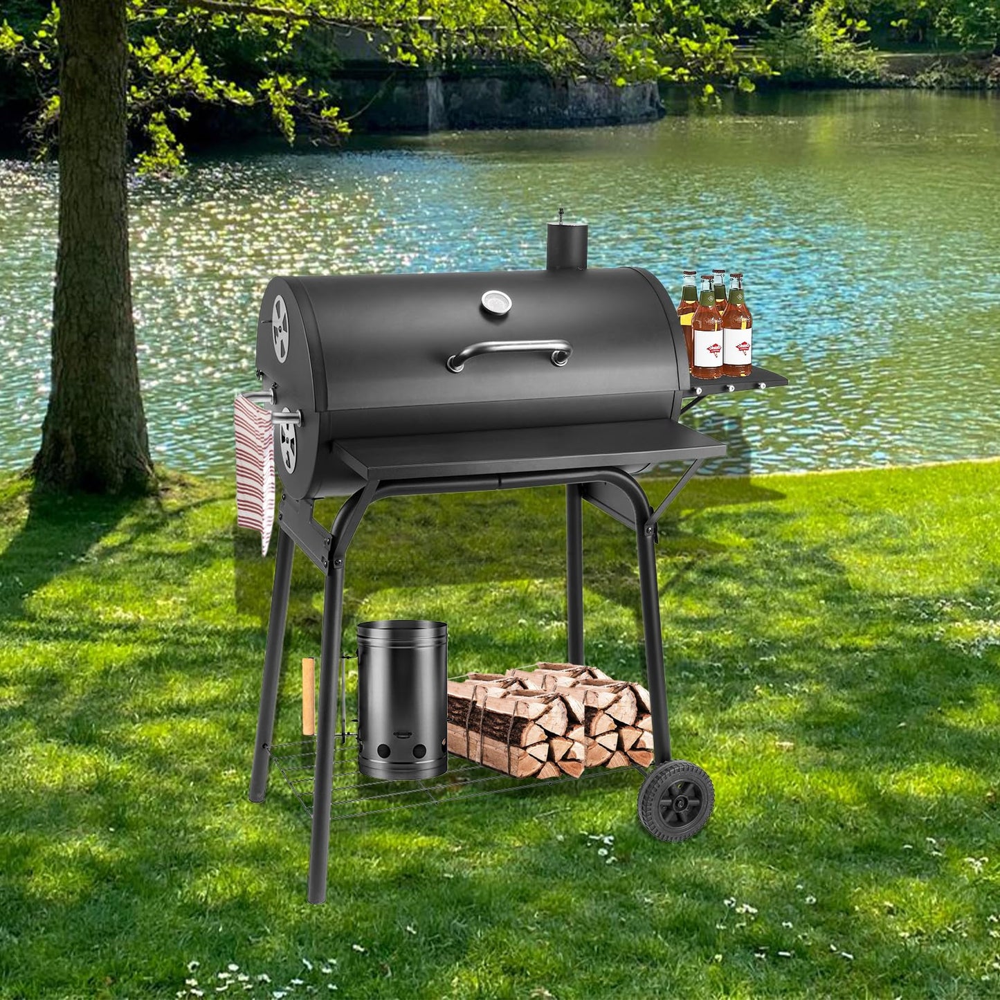 Kendane Barrel Charcoal Grill, Large Charcoal Grills with Front and Side Shelf, 627 Square Inches Cooking Grid, Outdoor BBQ Grill, Perfect for Backyard Camping, Patio Parties, and Picnics