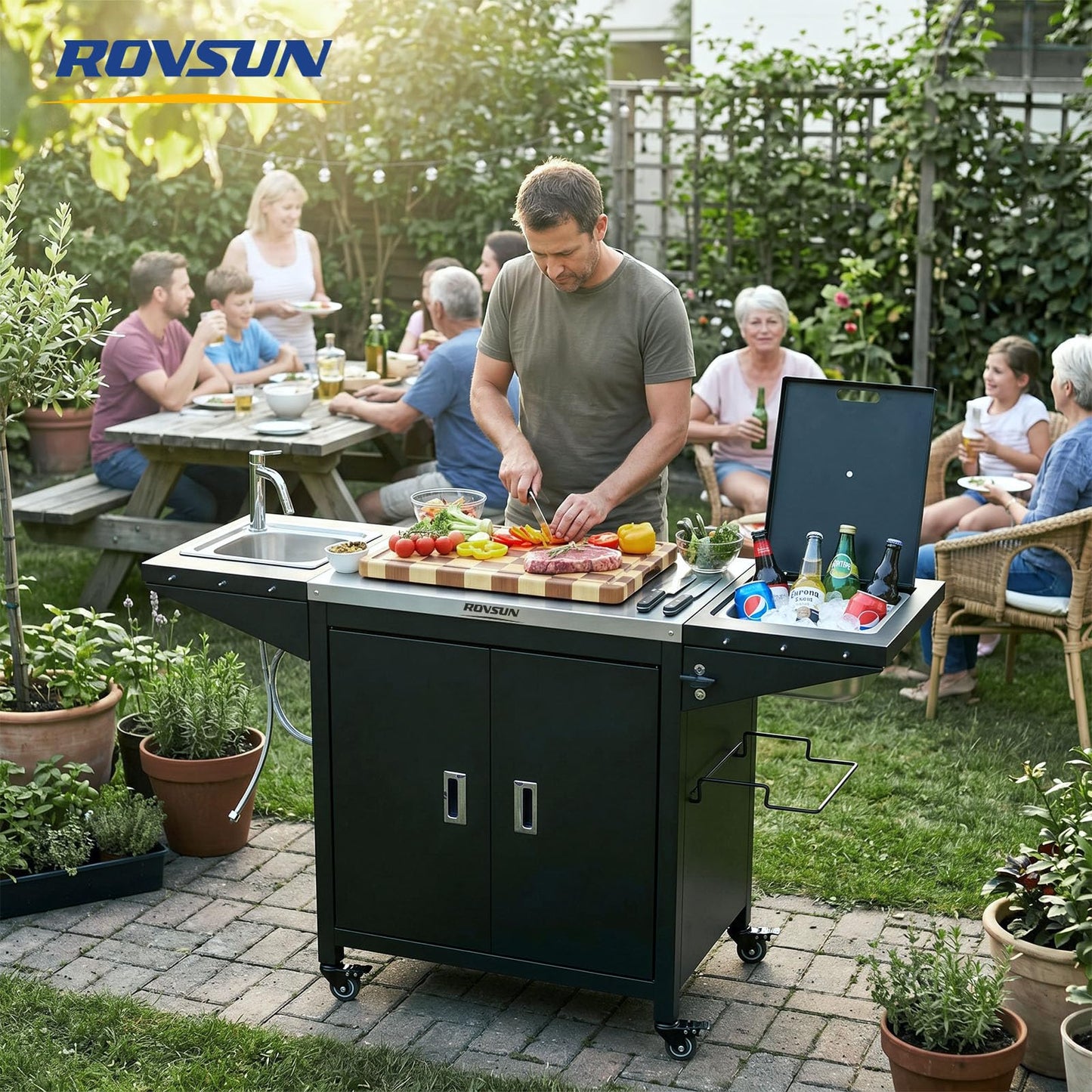 ROVSUN Outdoor Grill Cart with Sink, 304 Stainless Steel Sink with Chilly Bin Cooler, Rolling Kitchen Prep Island with Cabinet, Bottle Opener, Rubbish Rack, Patio, Gardens, Backyards