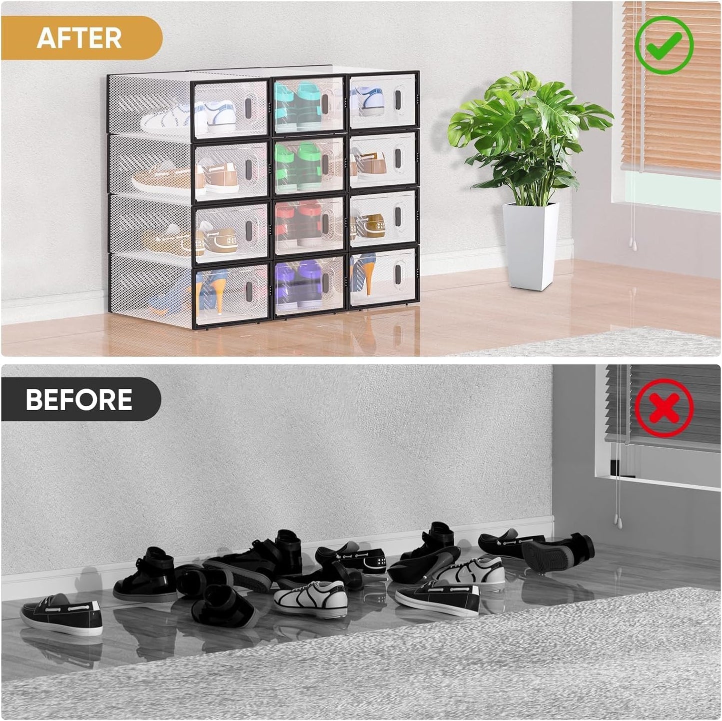 BALEINE Stackable Shoe Storage Boxes - 12 Pack Thickened Clear Plastic Bins with Lids | Large Black
