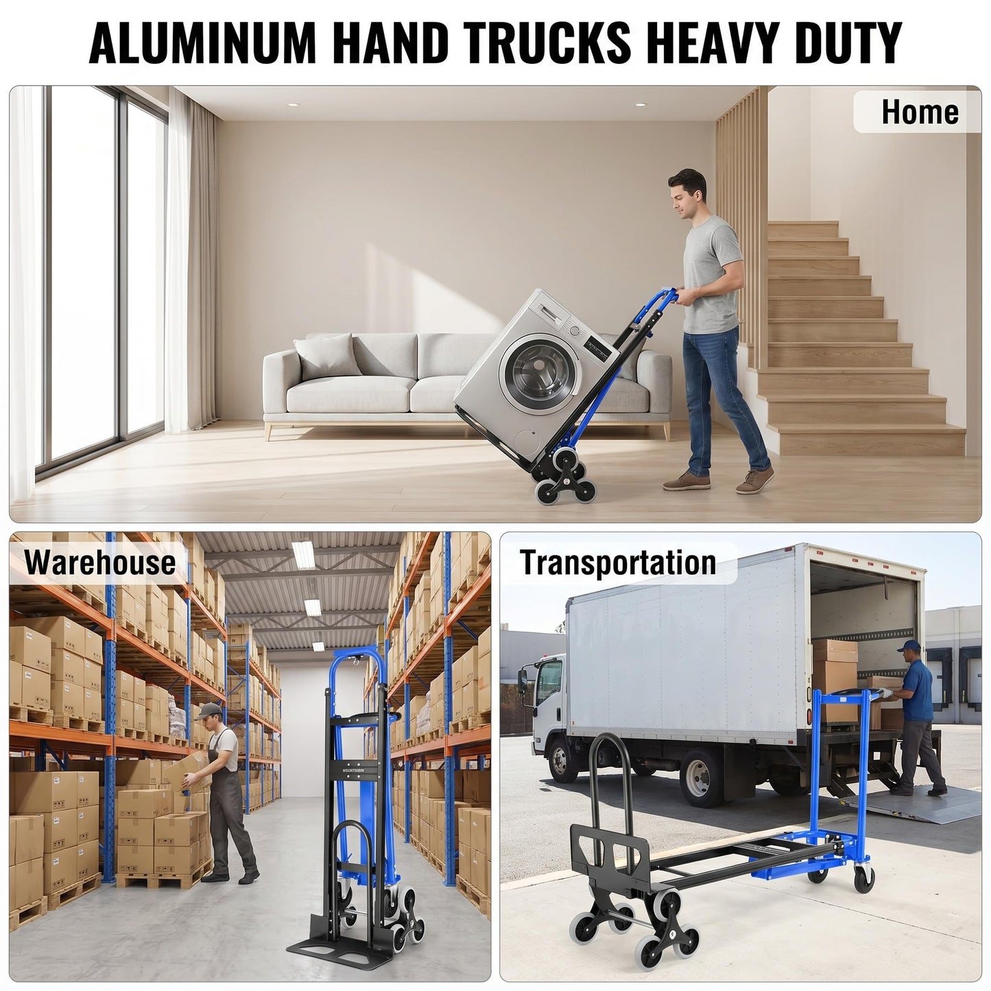 1000LBS Convertible Hand Truck, Heavy Duty Foldable Aluminum Stair Climbing Dolly with Solid Wheels for Moving/Office/Travel (Blue)