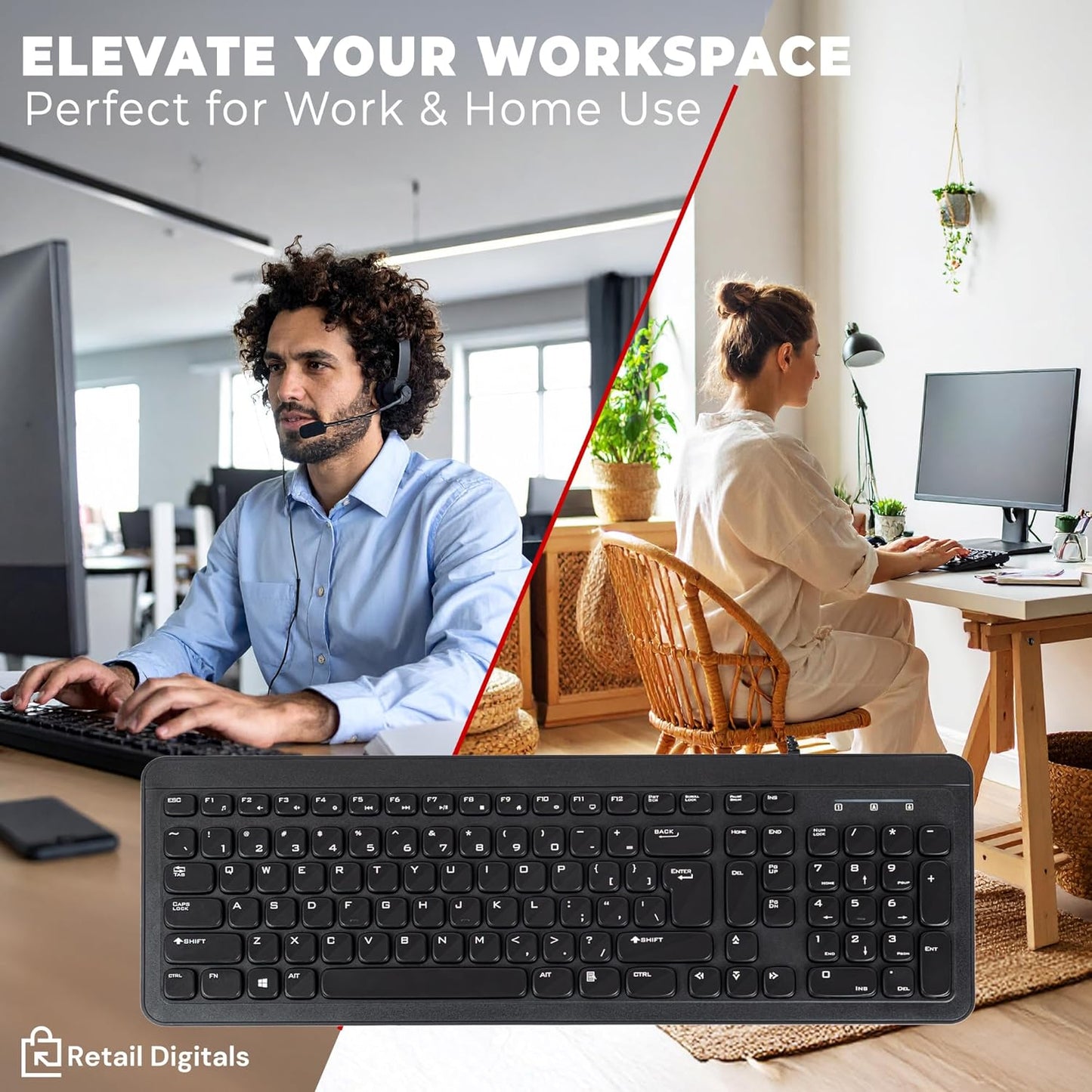 Retail Digitals Wired USB Keyboard | Full-Sized | Ergonomic | Soft Typing | QWERTY Layout | Black