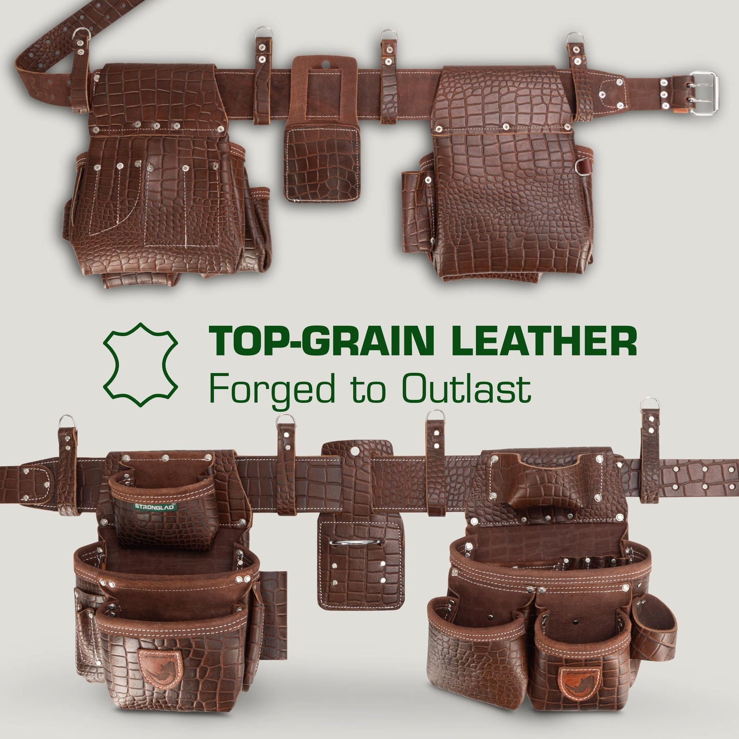 STRONGLAD Leather Carpenter Tool Belt – 21-Pocket Brown-Red Crocodile-Embossed Top-Grain Leather Framing Tool Belt for Men | Heavy-Duty Construction Gear with Stainless Steel Hardware