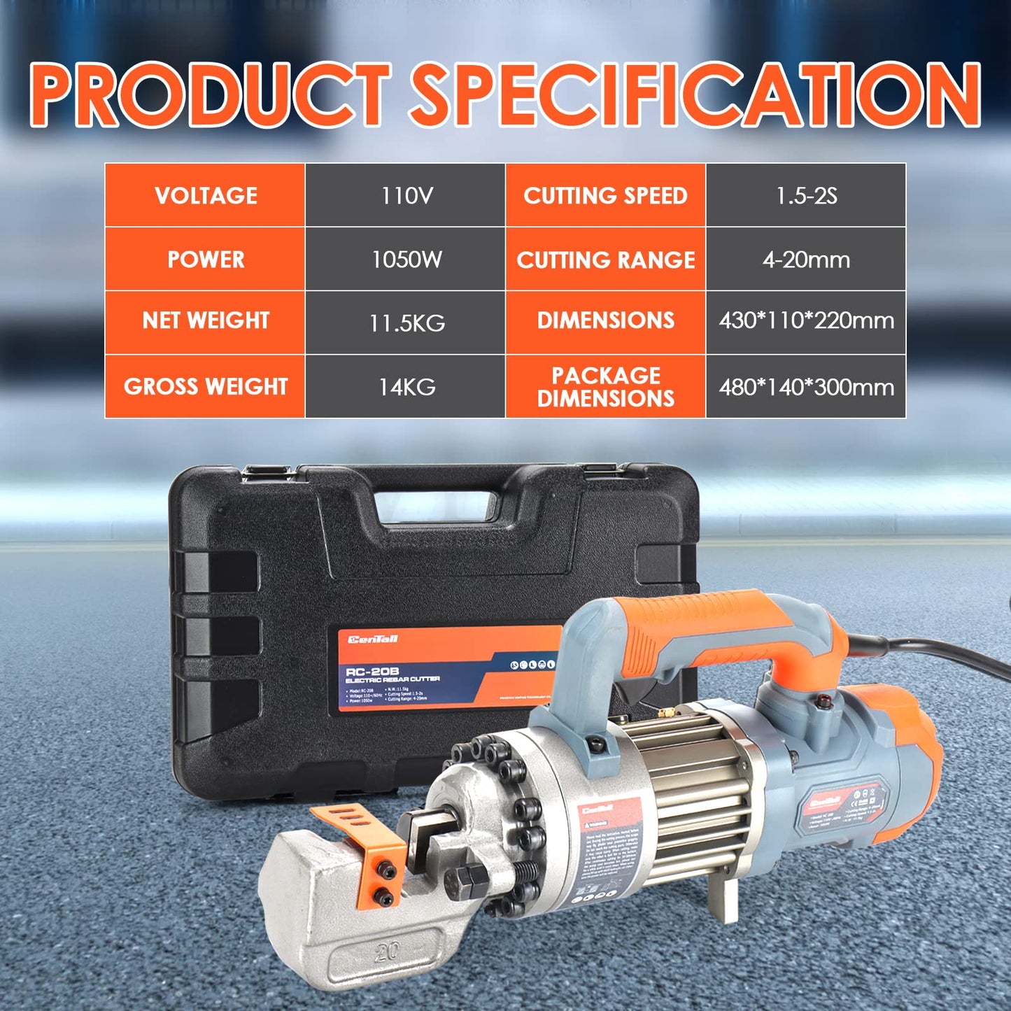 CENTALL 3/4" Electric Hydraulic Rebar Cutter, 1.5-2S Cutting Speed, Portable, Cuts 4-20mm #6 Rebar, 1050w, 120v/60hz. (Grey+Orange)
