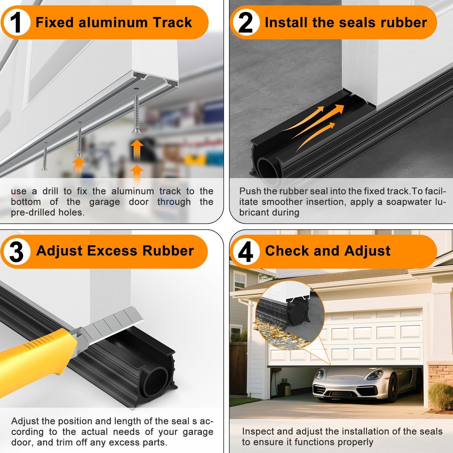 Garage Door Seals Bottom Rubber, with Aluminum Track Retainer Kit, 3-Sided Weatherproof Seal, Three Layers of Protection Available, Garage Door Bottom Seal 16 Ft, Easy to Install (Black)