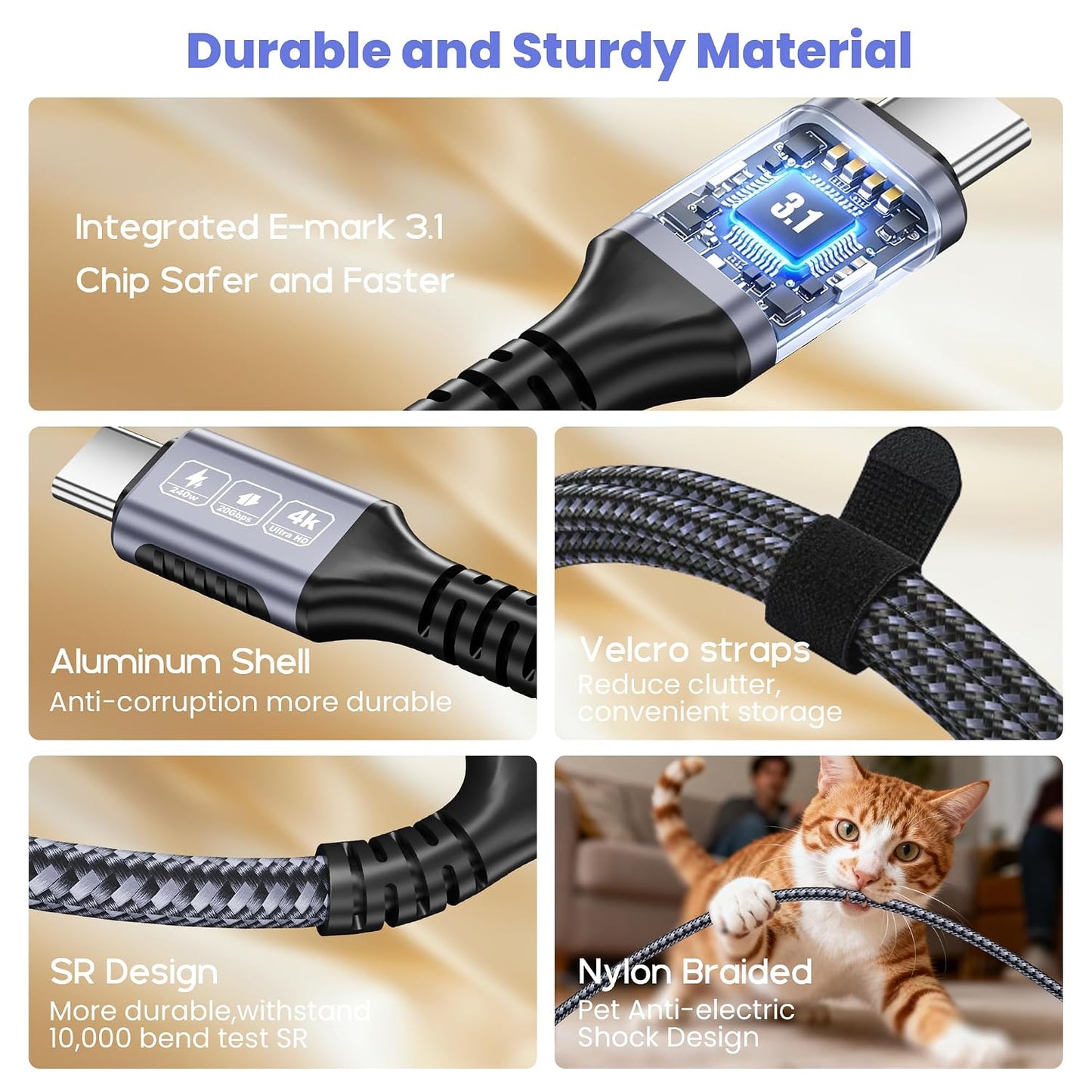 Arkidyn 20ft, 240W 20Gbps 4K@60Hz 17/16/15, USB C to USB C Cable PD Fast Charging, Data Transfer, Video Cable, Durable