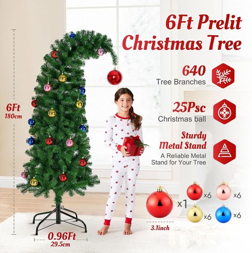 Hatisan 6FT Artificial Christmas Tree - Bent Green Design with Ball Ornaments & Metal Base for Holiday Decor