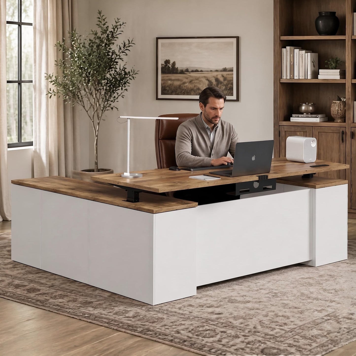 ZIMASYA 71" L Shaped Executive Desk with File Cabinet Drawers Outlet USB,Height Adjustable Office Desk Privacy Panel Sit-Stand Workstation for Boss Managers Home Farmhouse, Walnut & White