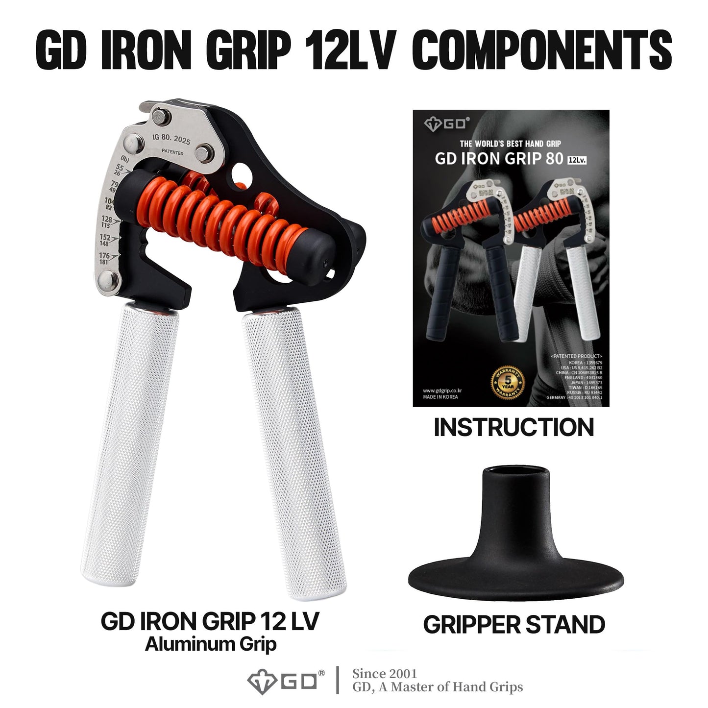 GD IRON GRIP 12LV Grip Strength Trainer Metal Adjustable Hand Gripper Strengthener(26 to 181lbs) Hand Grip Exerciser 200lbs Wrist Strengtheners for Golf Training Equipment Forearm Gripper
