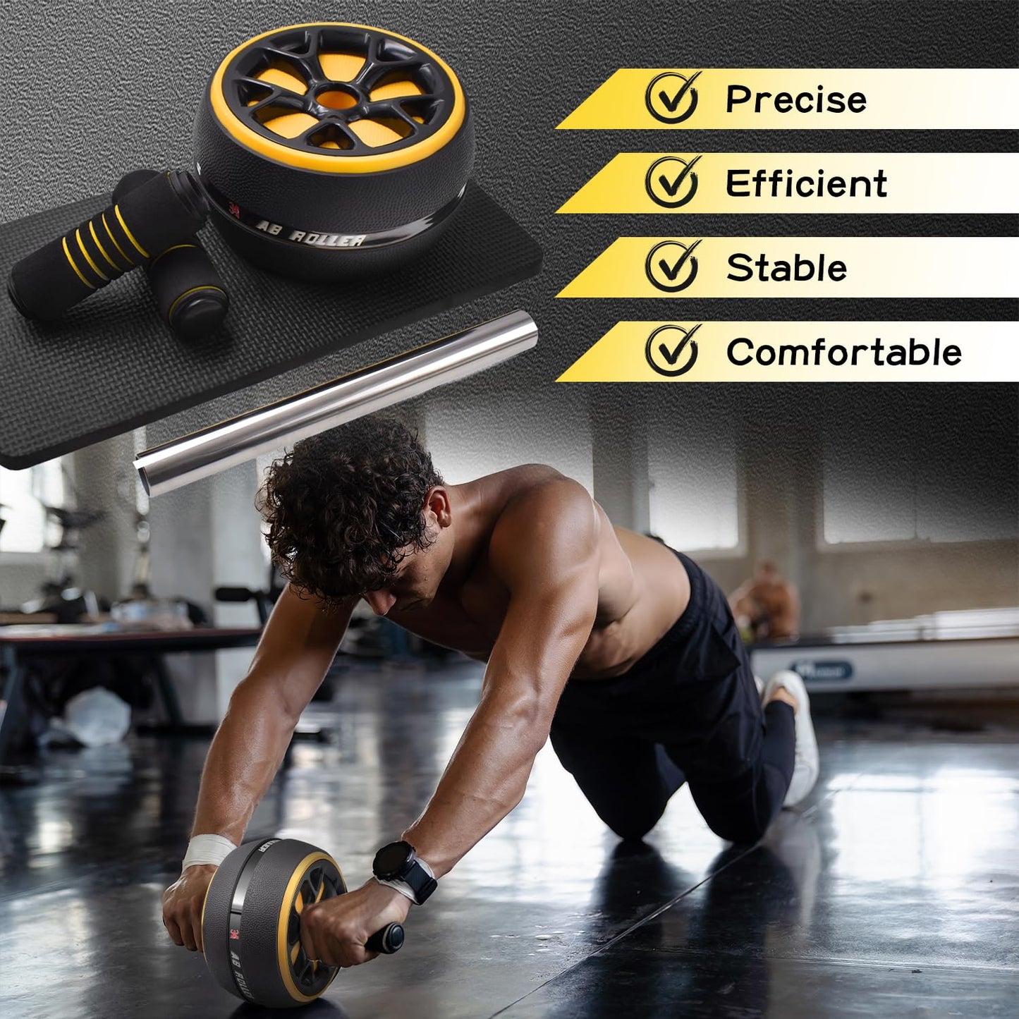 FEELCAT Ab Roller Wheel,Stable Wide Wheel For Beginner,Men,Women,Abs & Core Workout Equipment For Home Gym With Knee Pad,Abdominal Wheel For Full-Body Strength Training (Yellow curved wheel)
