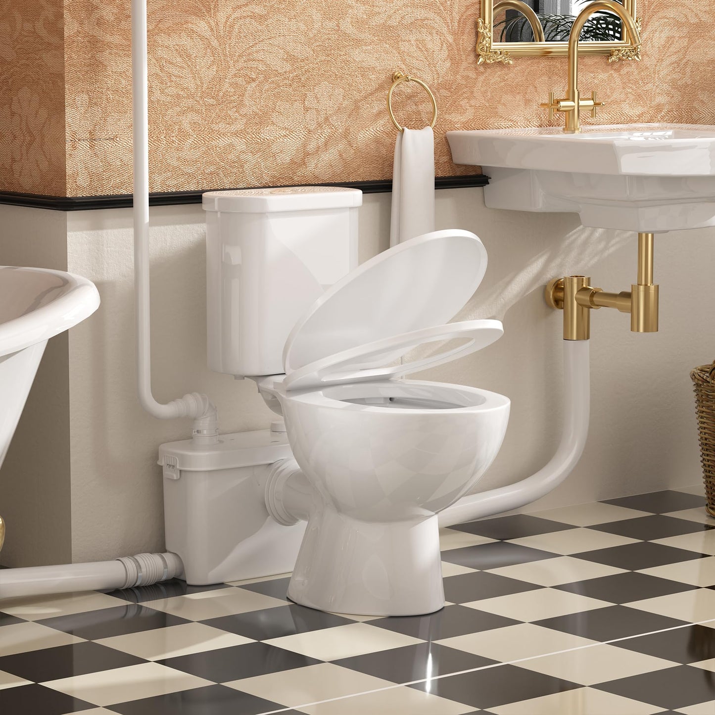 SUPERFLO Macerating Toilet System 500W Upflush Toilet for Basement with 4 Water Inlet for Basements & Garage, Macerator Toilets Pump System - Easy Install & 1.28GPF Dual Flush