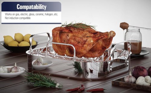 Cooks Standard Stainless Steel Roaster Pan - V-Shaped Rack for Perfect Turkey Roasting | 14"x11" Inner Size