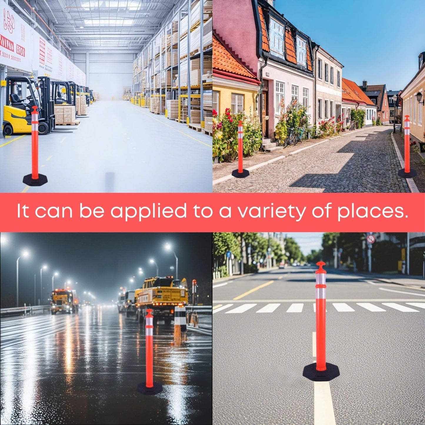OranclUS Reflective Rubber Base Traffic Delineator Post - Heavy-Duty Safety Bollards for Parking Lot Markers, Road Construction, Driveway Warning - with Reflective Strips (6 Pack - 42 Inch)
