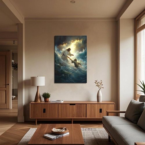 Jesus Wall Art by KFYMP - Inspiring Canvas Print of Jesus Rescuing Peter - 12x16 Inch Christian Decor