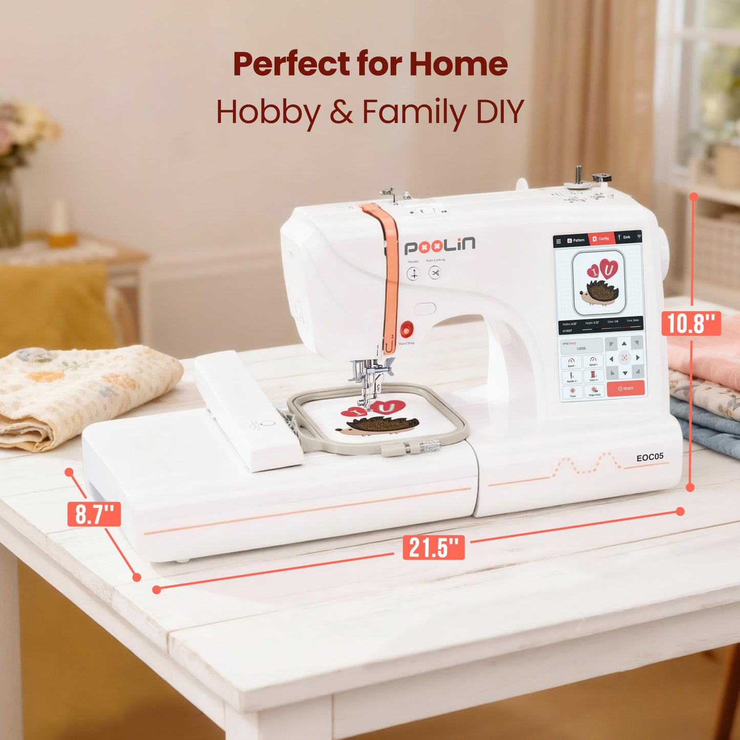 PooLin EOC05 Embroidery Machine for Beginners, Large 7" Touchscreen Easy to Use, 4"x9.25" Embroidery Area, WiFi Design Transfer Home DIY Machine for Learning and Personal Projects