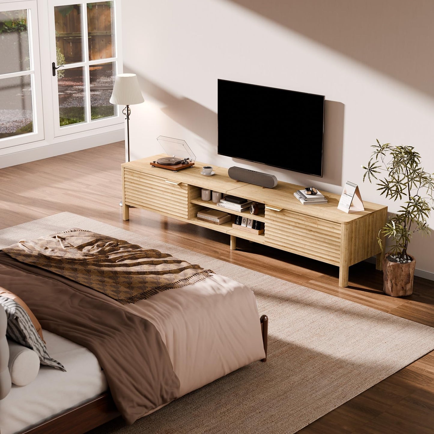 IKALIFE TV Stand for Living Room - up to 80 Inch TVs Mid Century Modern Entertainment Center with Storage and Adjustable Shelves, Media Console Table Oak 71"