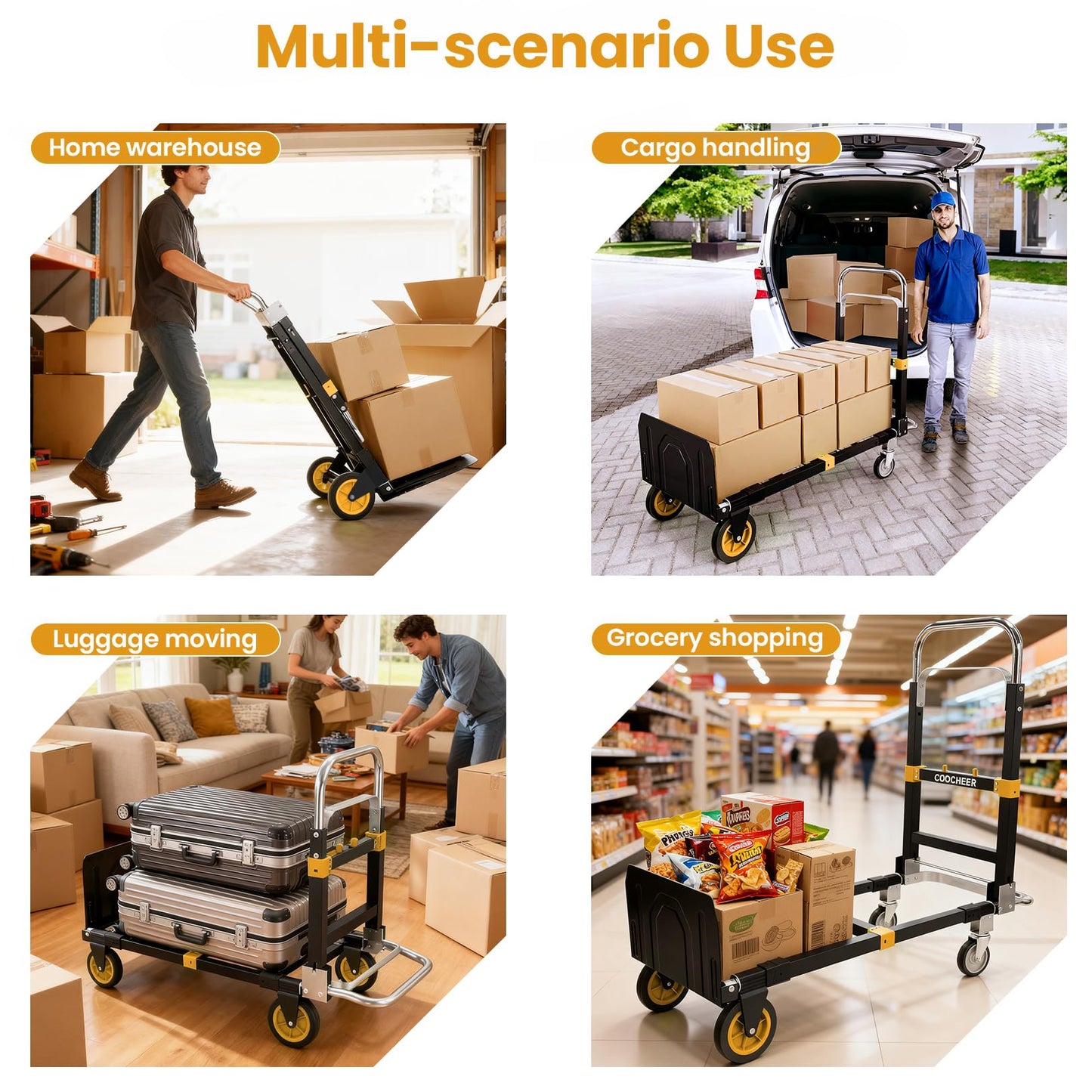 3-in-1 Convertible Heavy Duty Folding Hand Truck Dolly, 600LB Capacity with Rubber& Wheels Telescoping Handles, Portable Collapsible Cart for Warehouse, Supermarket, Office (Orange)