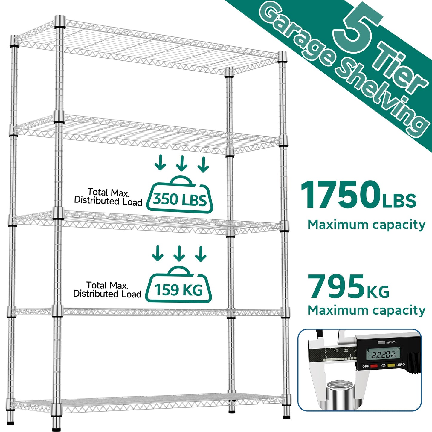 M MZG 1750LBS 47.2" W 5 Tiers Shelf Steel Storage Shelves Metal Shelving Unit Steel Organizer Wire Rack for Home,Kitchen,Office,Garage Chrome 17.7" D x 47.2" W x 72.4" H