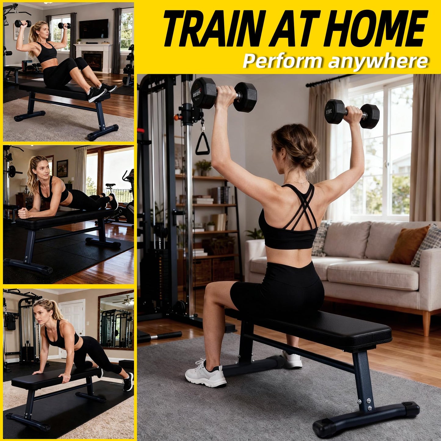 HEMERIS Flat Weight Bench 43 Inch, 2.4 Inch Thick Pad Workout Bench 660 LBS Bench Press Exercise Equipment for Home Gym Strength Weight Training(Black)