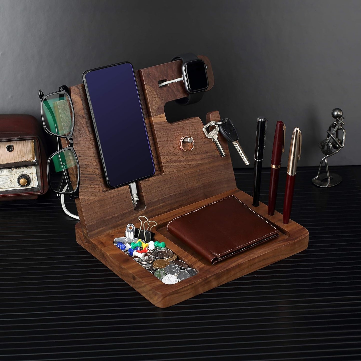 awofer Gifts for Men - Ebony Wood Phone Docking Station - Nightstand with Key Holder, Wallet Stand and Watch Organizer