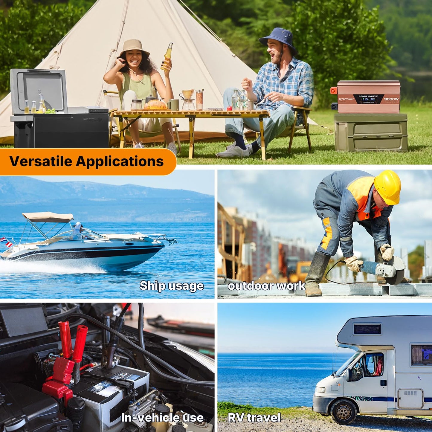 EFFORTWAY 3000W Pure Sine Wave Inverter, Inverter 12V DC to 110V/120V AC for RV, Outdoor, Home, Off-Grid, Inverter with 3 AC Outlet, Dual 20W USB-C, Dual 20W USB-A, Remote Controller