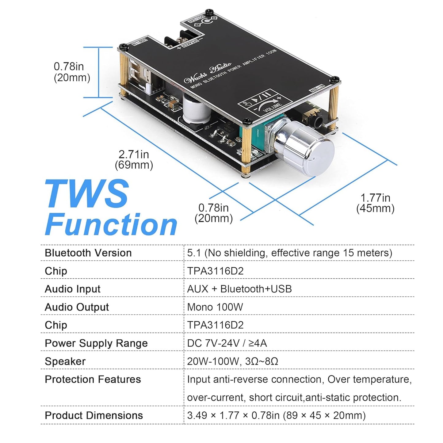 Wuzhi Audio 2PCS ZK-1001B TPA316D2 DC7-24V 100W, Mono Bluetooth Amplifier Board with Chip, Wide Voltage Input Peak