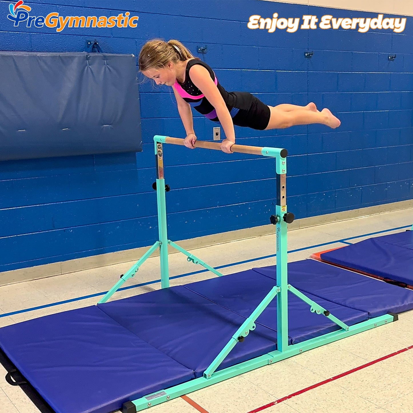 PreGymnastic Foldable Gymnastics Bar, 6FT Horizontal Bars, Folding Training Bar for Kids Ages 3-18, Weight Limit 500 LB, Adjustable kip Bar,Home Gym Equipment Indoor(Foldable Bar with Mat,Teal-Mat)