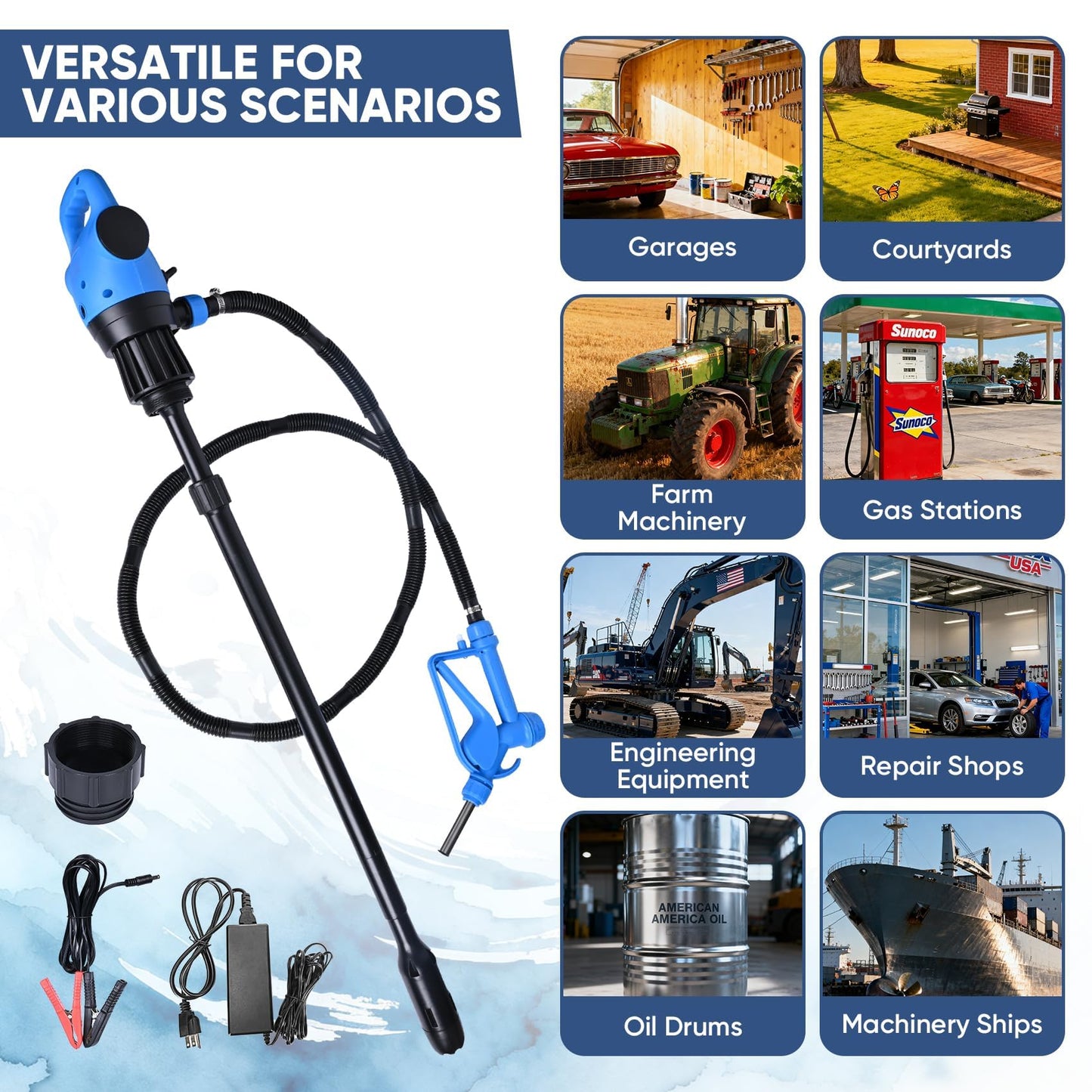 Electric Drum Barrel Pump, 110V-240V AC/ 12V DC Power, 55 Gallon Electric Transfer Pumps with 2-Inch Bung Adapter, 5 GPM Flow Rate, Suitable for DEF, Diesel, Water, Antifreeze