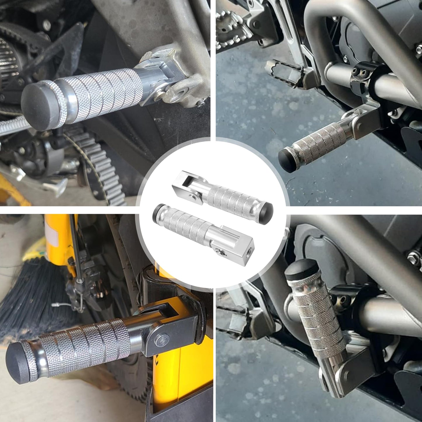 M8 Anti-Skid CNC Universal Motorcycle Foot Pegs Degree Foldable Footpegs Footrest,Upgrade Passenger Pedal For Mini Bike Dirt Pit Bike Electric Car Motorbike Honda Suzuki Yamaha Kawasaki (Silver)