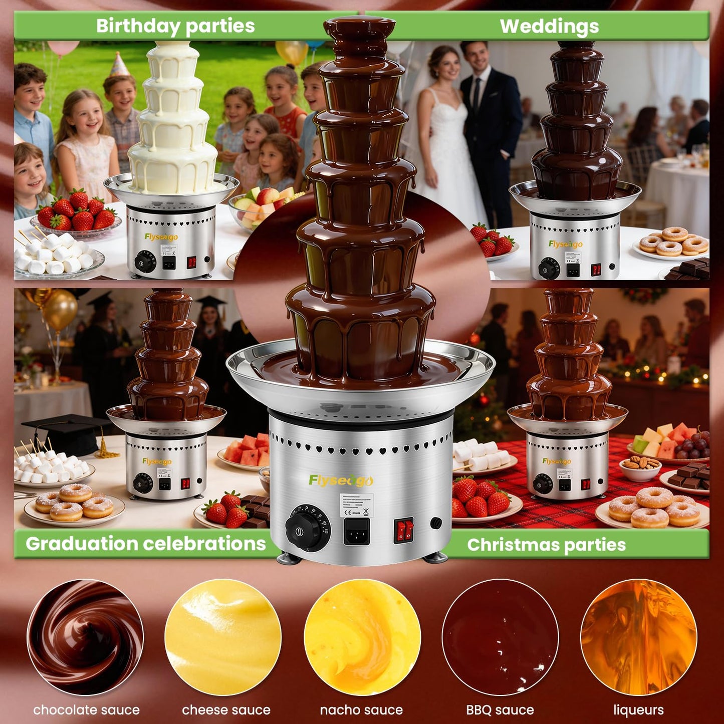 Flyseago Commercial Chocolate Fountain| 6 Tiers 19 lb Capacity| Large Hot Chocolate Fondue Tower| Stainless Steel Chocolate Melting Heating Machine for Nacho Cheese, Liqueurs, Party, Wedding
