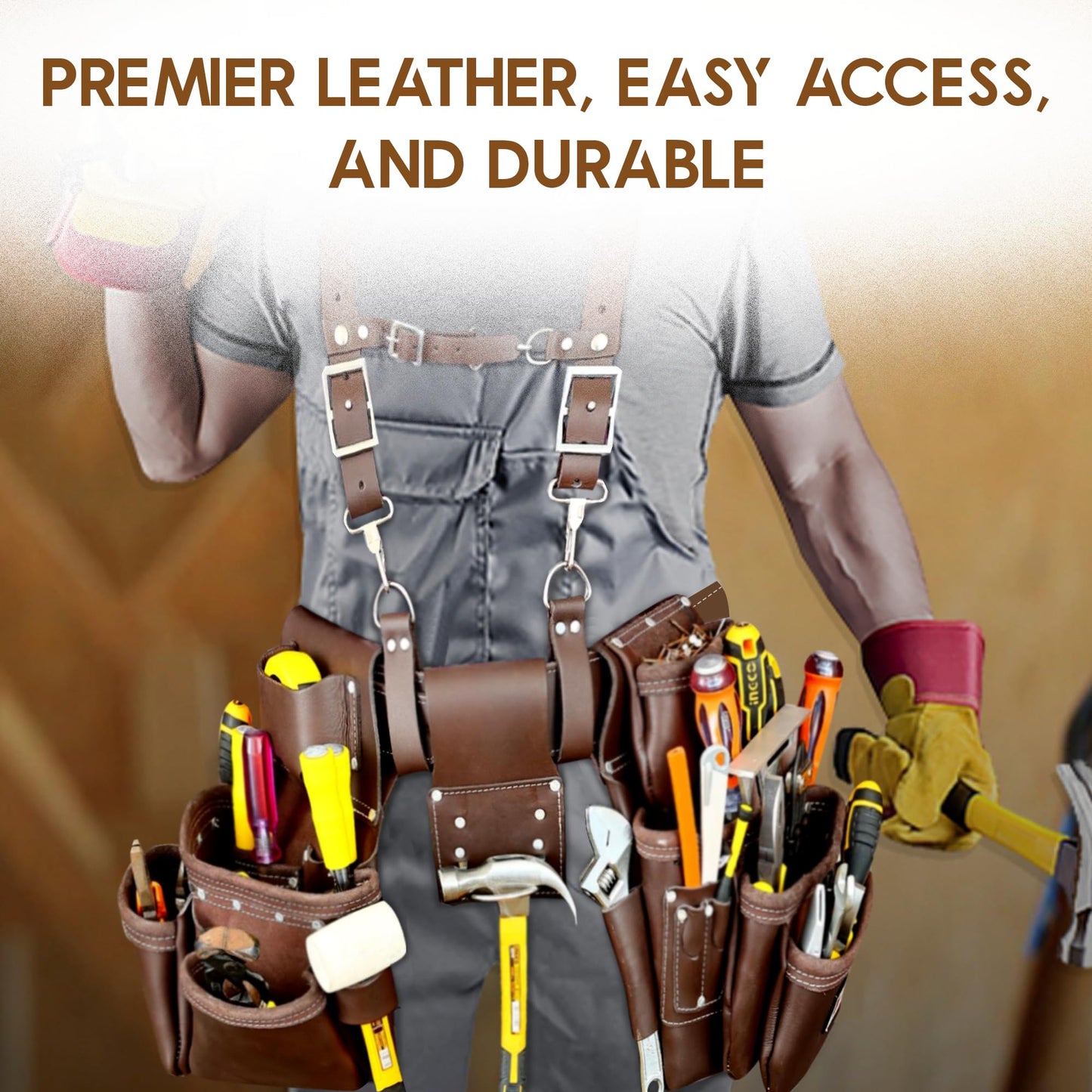 AP-LEATHER PRO-19 100% Genuine Full Grain Leather Tool Belt/Pouch/Bag, tool belt with suspenders, Comfort Back Support Tool Pouches With Suspenders (Chocolate Brown)