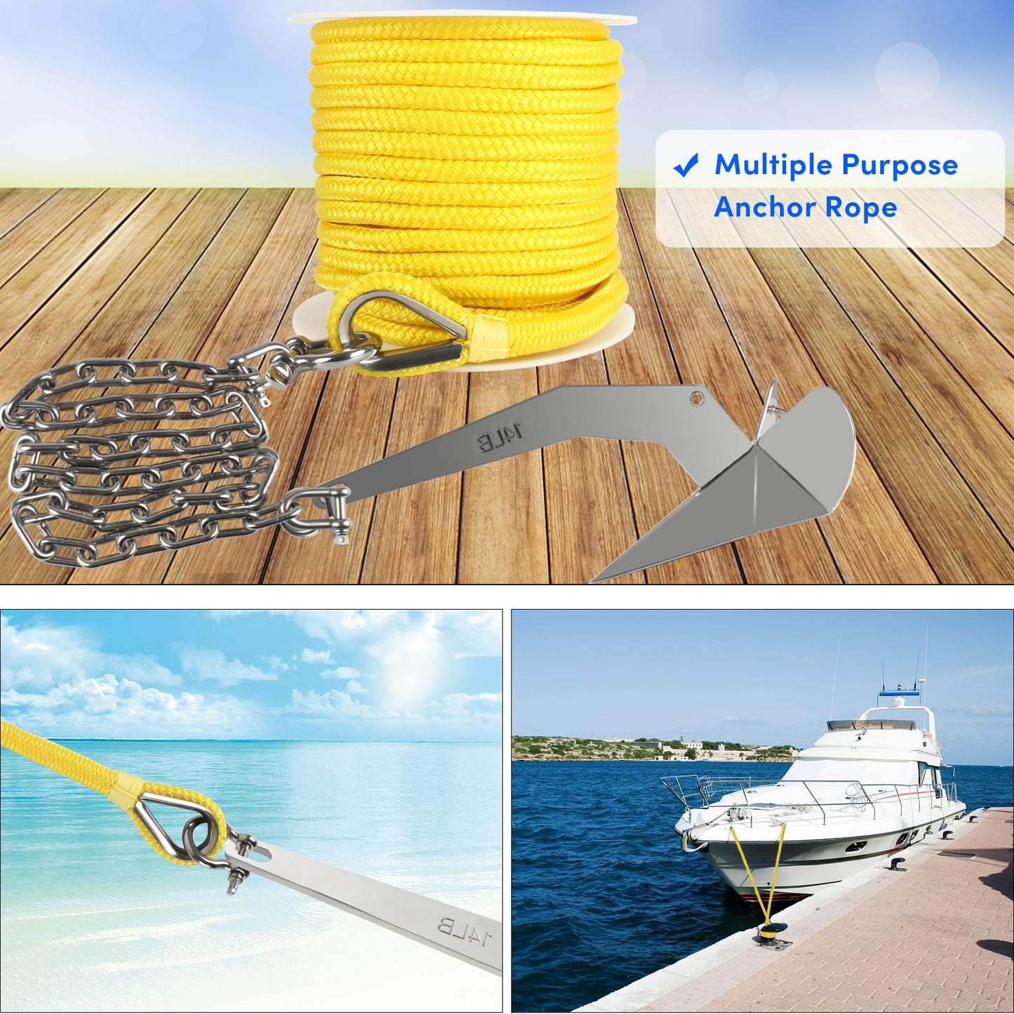 VEITHI Boat Anchor Rope 100 ft x 1/2 inch Yellow, Double Braided Anchor Line with Stainless Steel Thimble & Shackle, Marine Rope Ideal for Towing,Mooring,Decks,Anchoring,for Boats Up to 35'