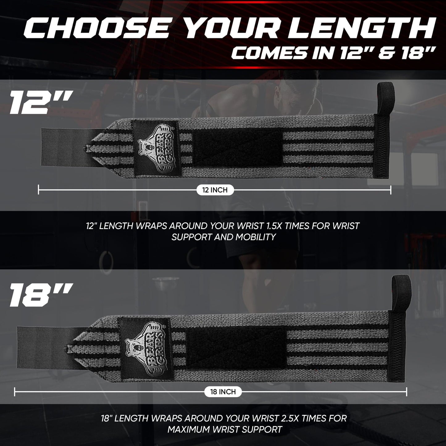 Bear Grips Extra Strength Gym Wrist Wraps for Weightlifting | 2 Wrist Wraps Per Pack | 12" & 18" | Unisex