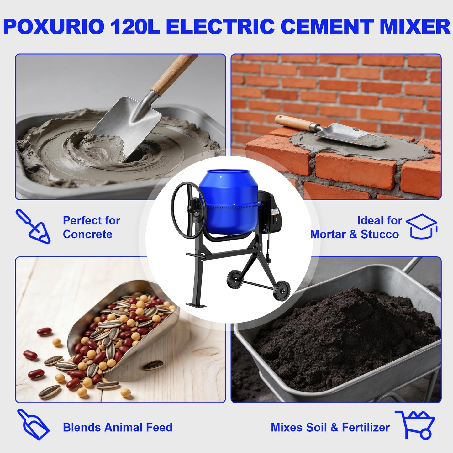 POXURIO 120L Electric Cement Mixer, 4.3 Cubic Ft. 450W 3/5HP Portable Concrete Mixer Machine with Stand And Wheels for Stucco, Mortar, Seeds, Blue-2026 Upgraded