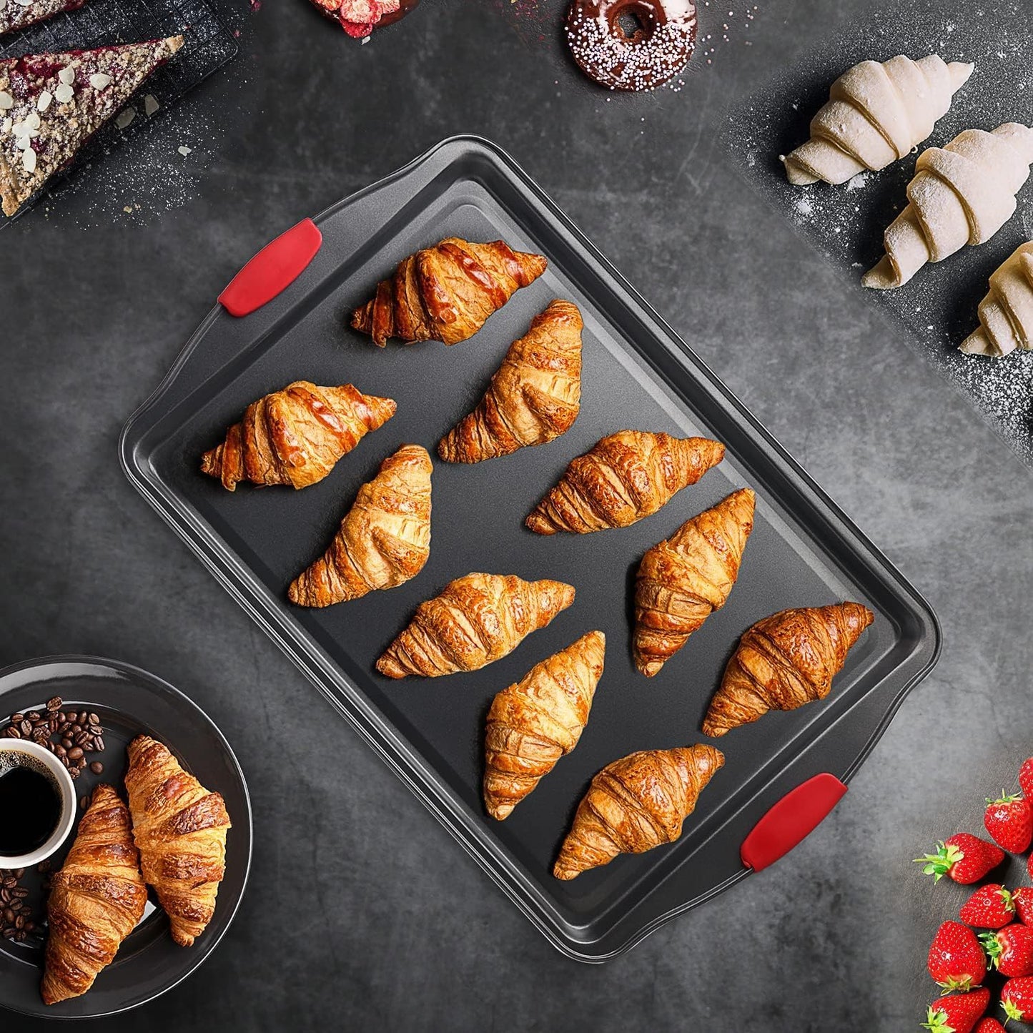Skiennix Baking Sheet Set - 2-Piece Nonstick Cookie Sheets with Silicone Handles | BPA-Free Steel Pans